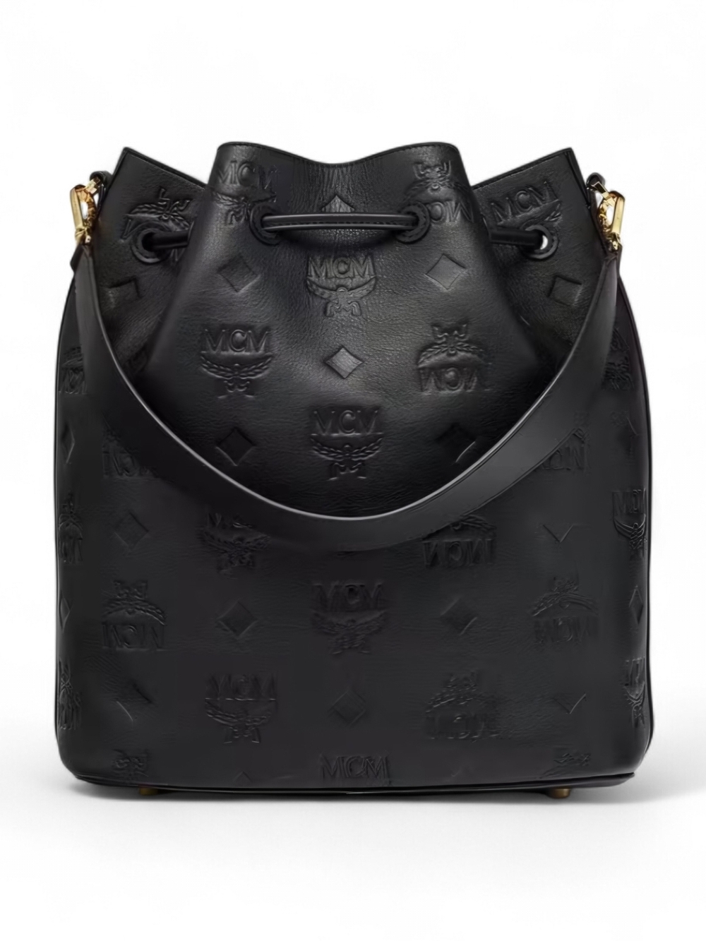 MCM Black Embossed Leather Drawstring Bucket Bag - Picture 5 of 6